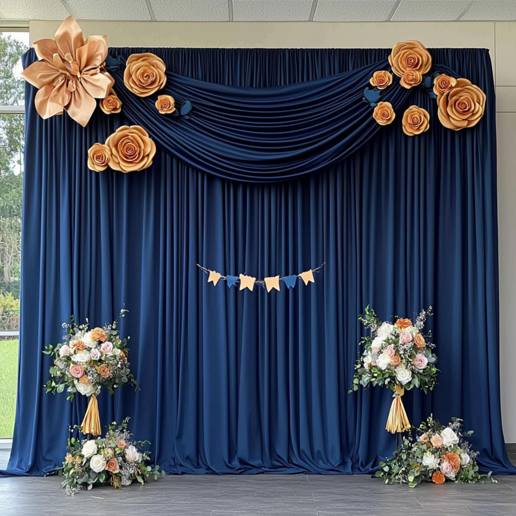 Photo 1 of 10ftx12ft Wrinkle Free Navy Blue Backdrop Curtain, 2 Panels 12FT Height Navy Blue Wedding Backdrop Drapes, Silky Polyester Back Drop Cloth for Birthday Photography Background Party Backdrop Draping