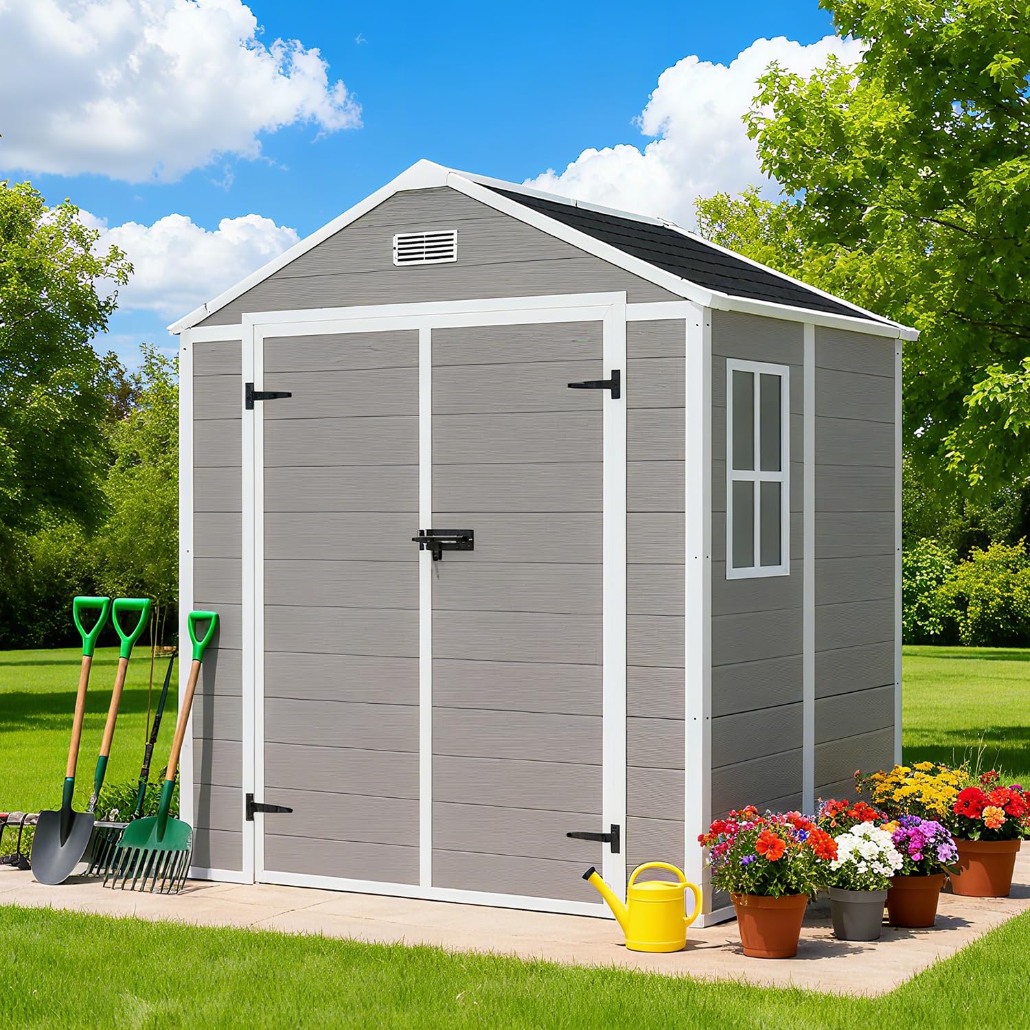 Photo 1 of ***PARTIAL SET - PRICE ADJUSTED*** 6x5 FT Outdoor Storage Resin Shed with Floor, Waterproof Plastic Garden Tool Shed with Windows, Vents & Lockable Door and Sloped Roof, Easy to Assemble Bike Shed for Patio, Backyard, Lawn, Grey
