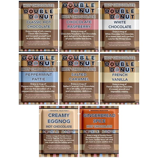 DOUBLE DONUT FLAVORED HOT CHOCOLATE PACKETS VARIETY PACK, 9 COUNT INCLUDES CLASSIC, CHOCOLATE RASPBERRY, SALTED CARAMEL, PEPPERMINT, EGGNOG & GINGERBREAD
