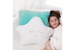 Perfectto Design Set of 2 Kid’s Decorative Pillows for Girls Toddler Room - Fluffy White Star Pillow and Aqua Teal Plush Pillow, Soft Girls Pillows Cute Kid’s Throw Pillows for Bed, Bedroom