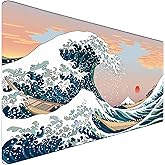 Japanese Large Mouse Pad, DeskMat Office Desk Pad, Extended Large MouseMat for PC, Stitched Edges Gamer Mousepad 31.5 X 15.7 Inch Long Mice Pad, Sunset Sea