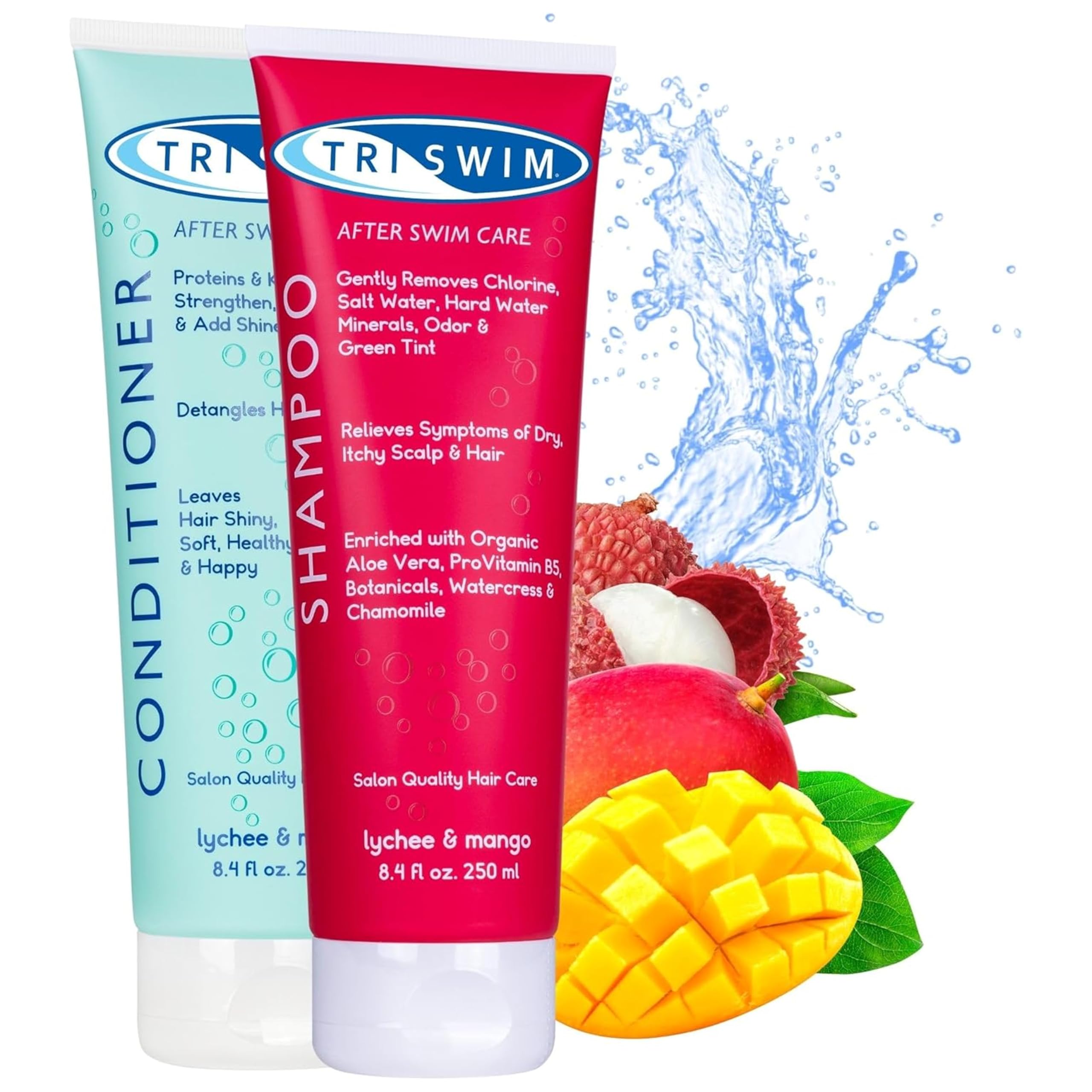 TRISWIM Chlorine Removal Hair Care Bundle, After Swim Care Shampoo and Moisturizing Conditioner, Anti-Chlorine Hair Protection For Swimmers, Removes Green Tint, Vegan & Cruelty Free (250+250 ml)