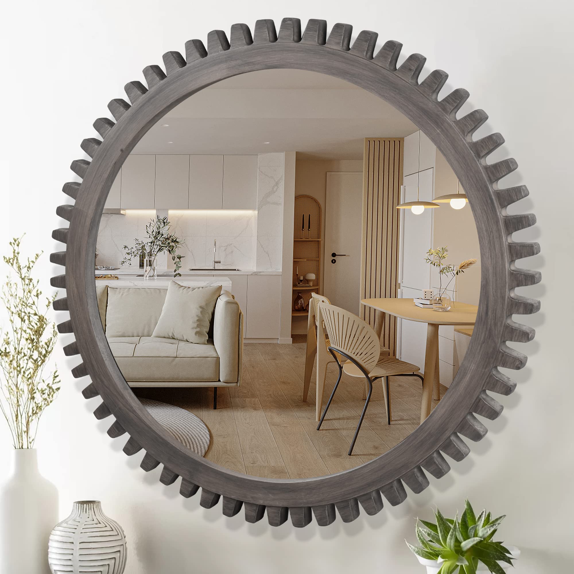 Photo 1 of **FOR PARTS HAS DAMAGES*** Decorative Wall Mirror 30 Inch, Round Wooden Industrial Cog Hanging Mirror for Bathroom Vanity, Living Room,Office,or Hallway, Rustic Grey