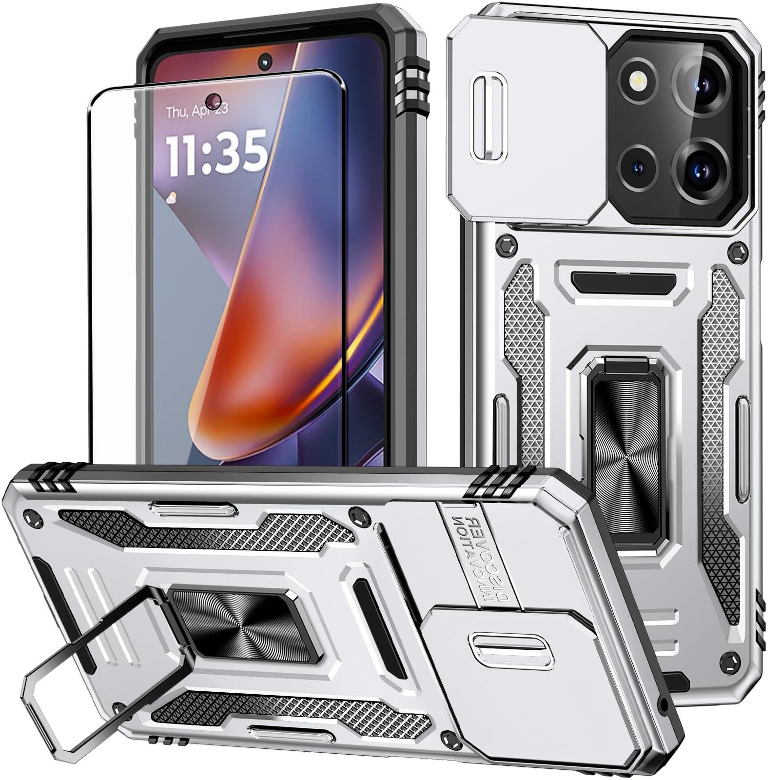 Aozuoton for Moto G 2025 Case with Screen Protector and with Camera Cover, 360°Military Grade Rotatable Kickstand (Heavy Duty) Shockproof Protective, Case for Moto G 2025 Grey