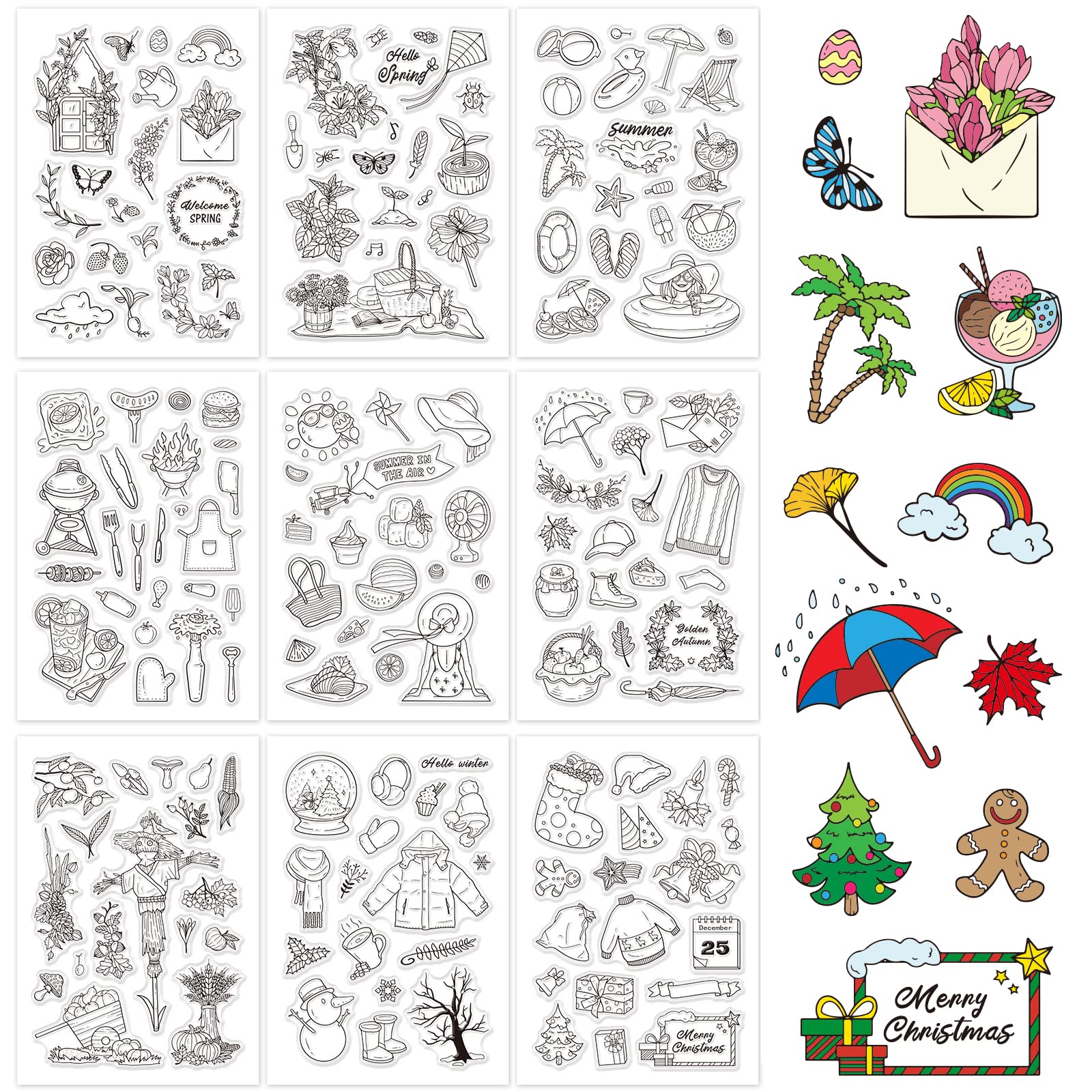 GLOBLELAND 9Pcs Season Silicone Clear Stamps Rubber Postage Stamp Seal for Cards Making DIY Scrapbooking Photo Card Album Decoration, 160 x 110 mm, Mixed Patterns