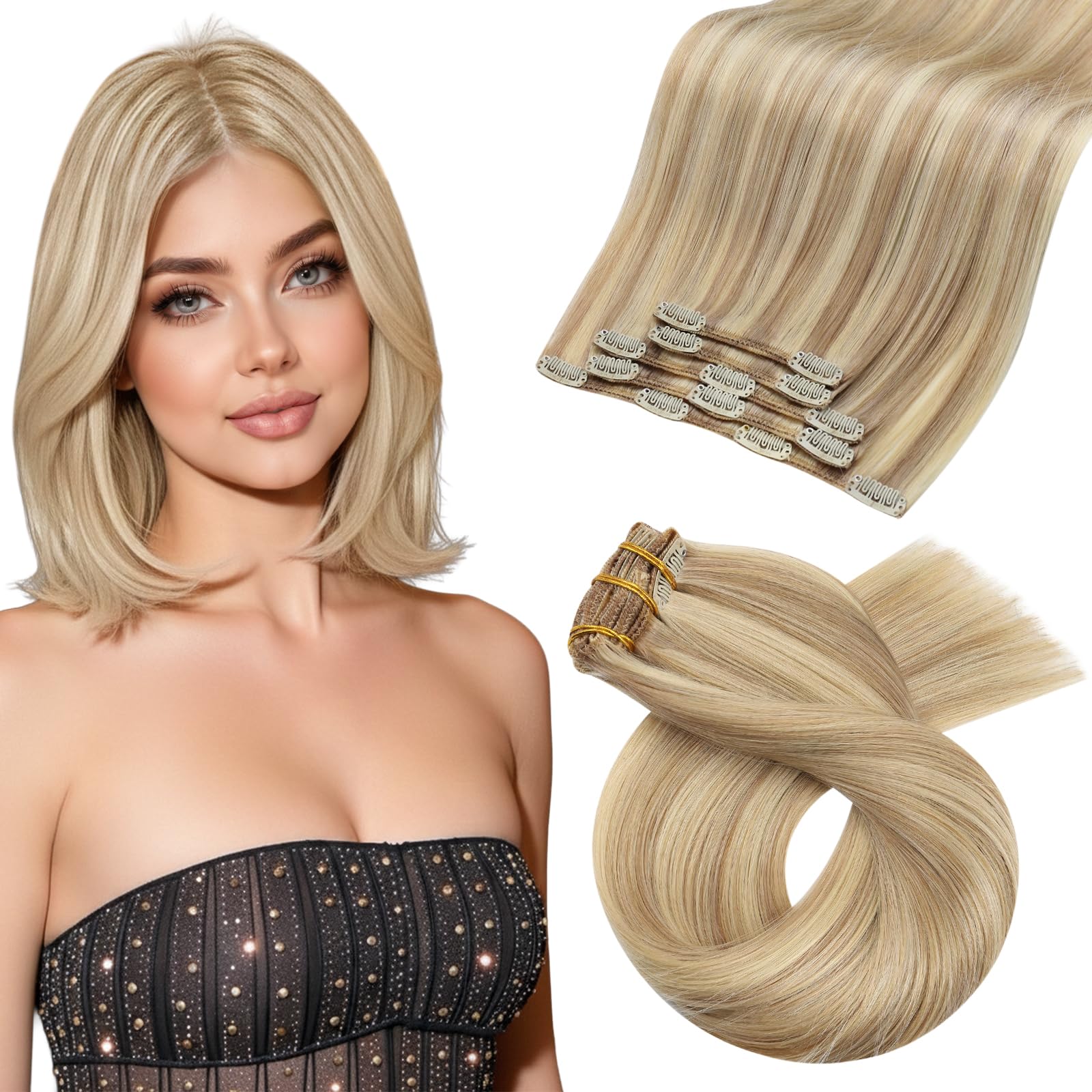 Moresoo Blonde Remy Hair Clip in Extensions Real Human Hair Dark Ash Blonde with Golden Blonde Hair Extensions Clip in Human Hair 80G/5 Pieces #16/22 10inch — image 1
