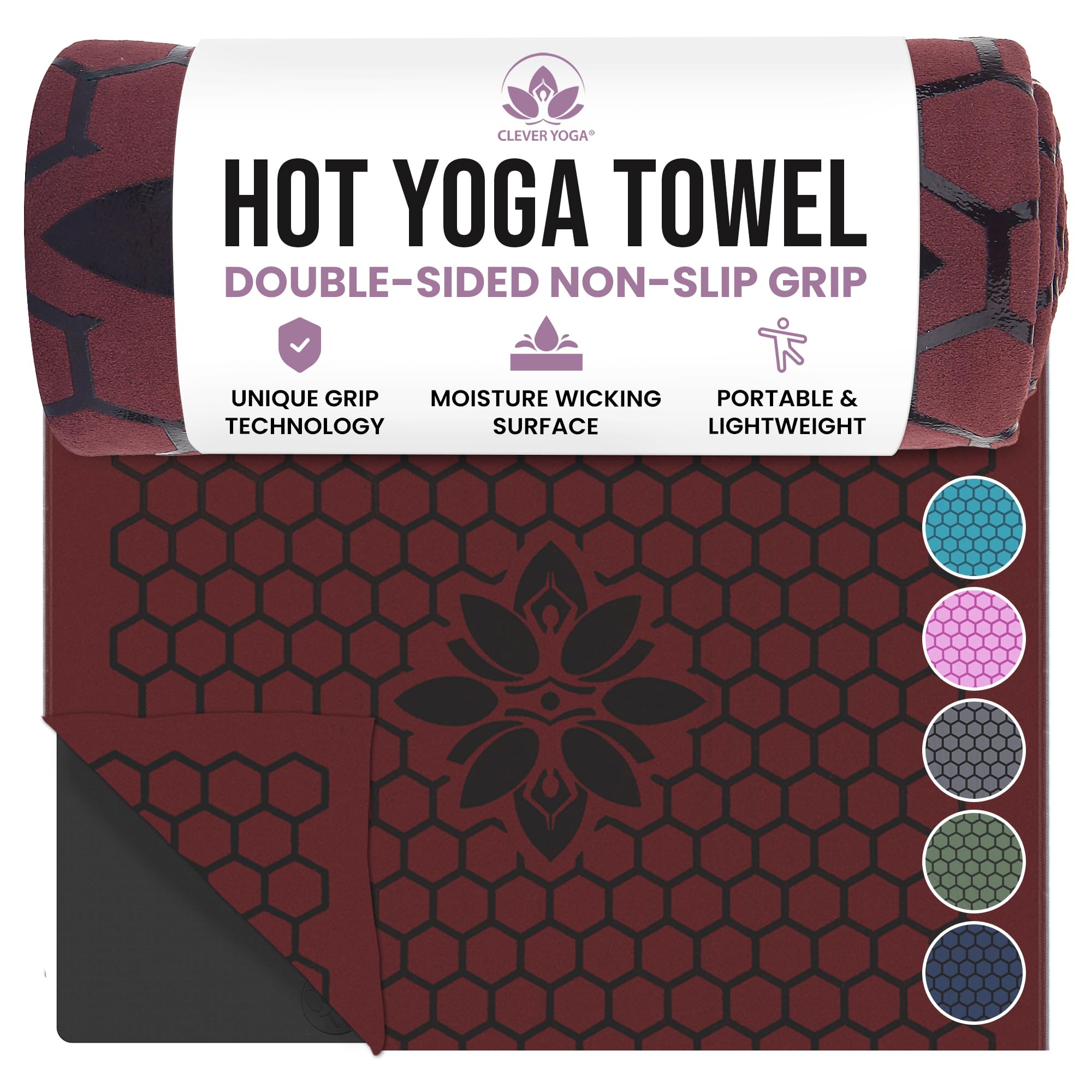 Clever Yoga Hot Yoga Mat Towel – Non-Slip Grip for Hot Yoga, Sweat Absorbent, Honeycomb Silicone Grip, Stays Flat – Ideal for Pilates, Travel, Washable & Lightweight - Burgundy Image