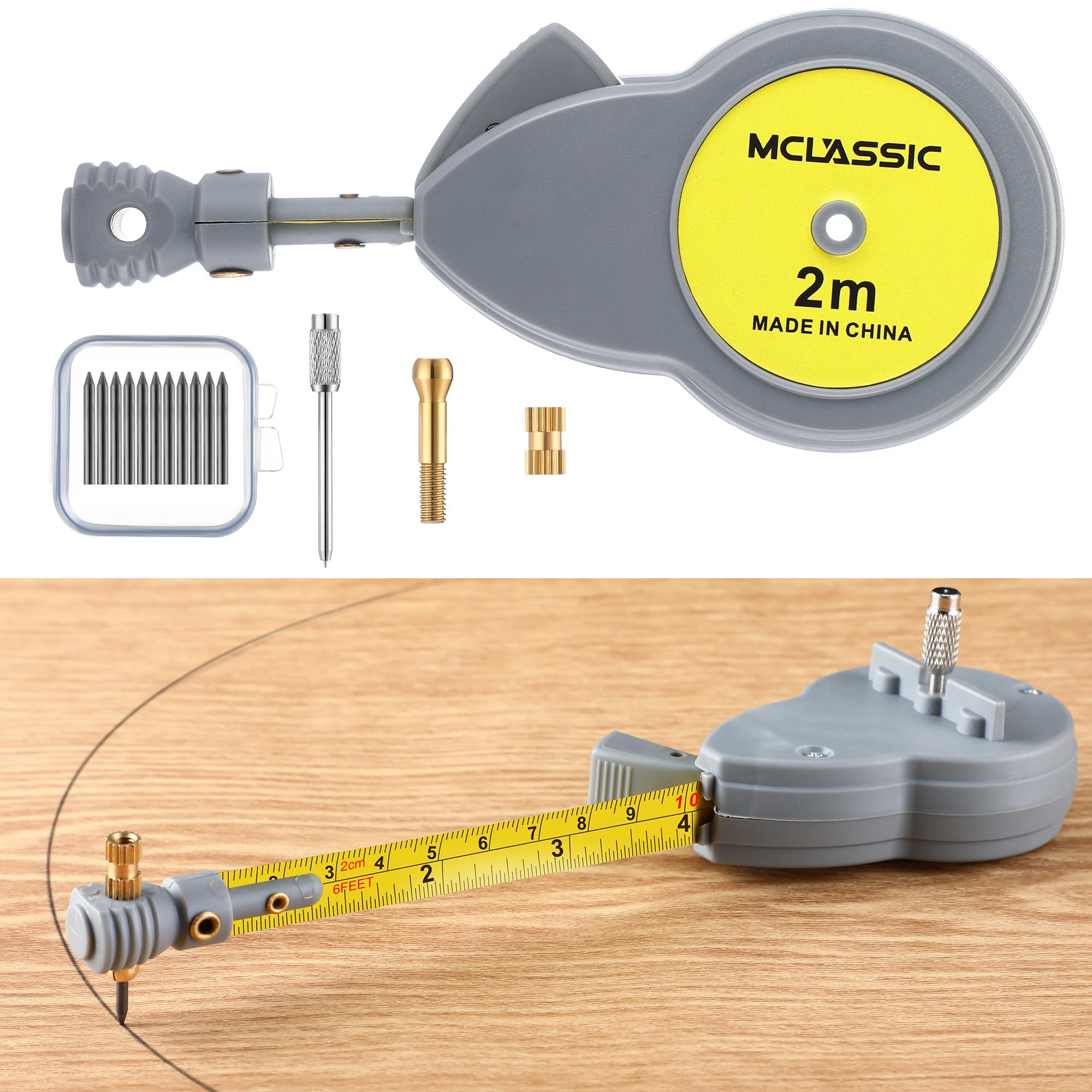 Photo 1 of Dreyoo 6.56 ft Rotape Tape Measure Compass with 10 Pencil Leads, Measure Beam Compass for Drawing Circles and Lines, Fixable Button Circle Drawing Tool with Tape Measure