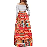 Afibi Women African Printed Maxi Skirt Flared Skirt A Line Long Skirts with Pockets S-5XL