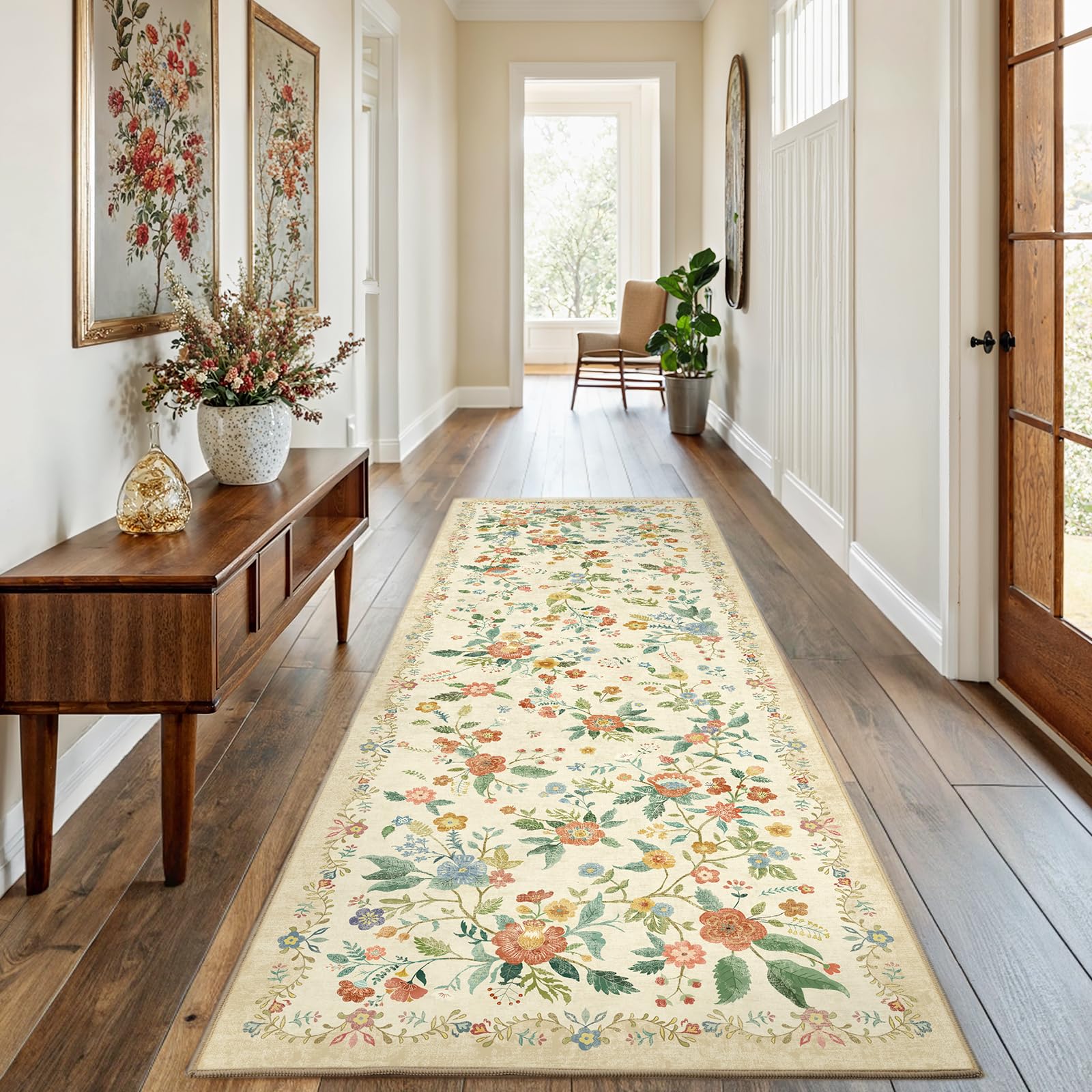 Photo 1 of Amada 2.6x8 Washable Runner Rug, Non-Slip & Low-Profile Kitchen Area Rug with Reinforced Edge Binding, Boho Floral Pattern, Soft Long Entryway Rugs for Bedroom & Hallway