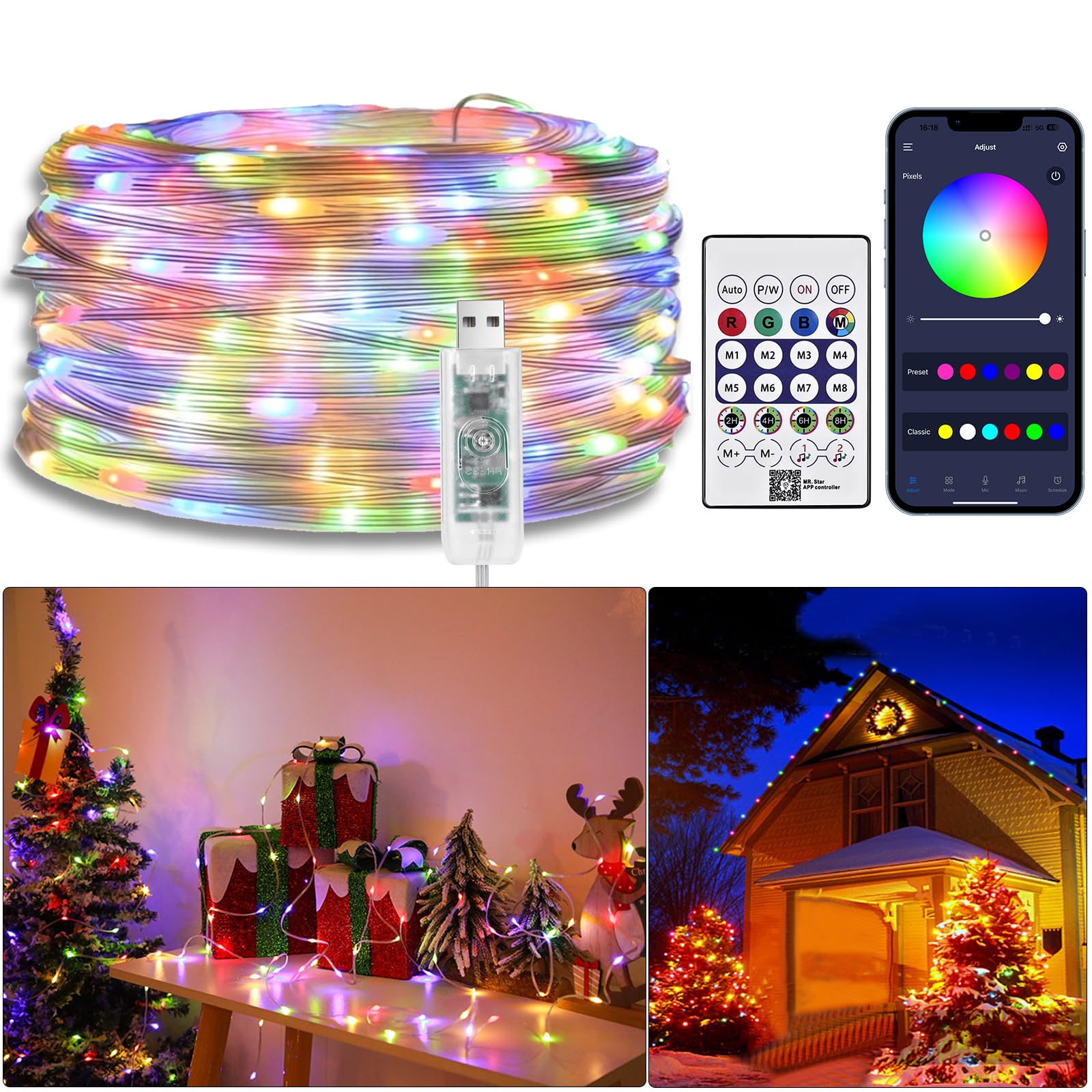20M RGBIC Color Changing Fairy Lights,Waterproof LED Fairy Lights with Remote Control and APP,USB Music Sync LED Rope Light,Flexible LED Lights for Indoor,Outdoor,Bedroom,Christmas Wedding,Garden