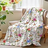 Wajade Floral Throw Blanket Birthday Gift for Women Mom Girls Flowers Blanket Watercolor Flannel Blanket Wildflower Printed Throw for Couch Sofa Bed Chair 50"x60"