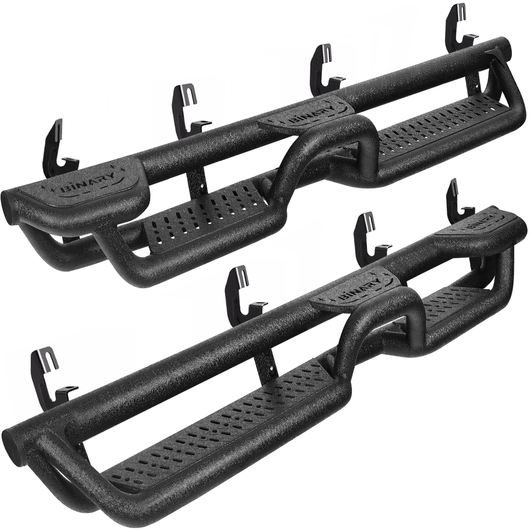 BINARY STAR Running Boards Compatible with 2015-2026 Chevy Colorado/GMC Canyon Crew Cab. Colorado Running Boards with Bed Access Step and Center Step. 6 Inch Carbon Steel Side Steps. Image