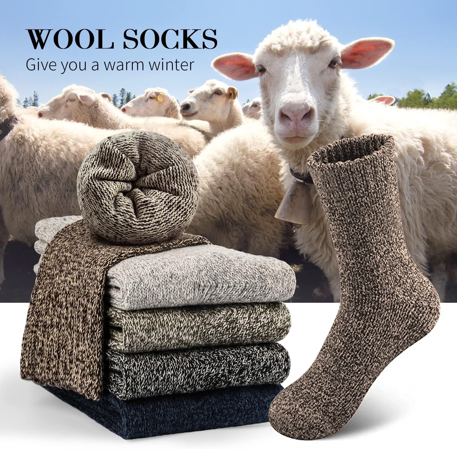SIMIYA 5 Pairs Wool Socks Mens, Thick Warm Winter Soft Hiking & Casual Crew Socks