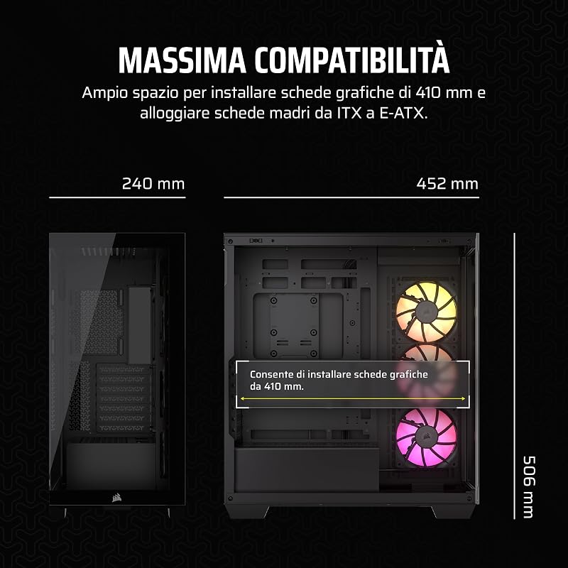 iCUE LINK 3500X RGB Mid-Tower ATX Case per PC - Vetro Panoramico Temperato - Compatibile con Scheda Madre a Connessione Inversa - 3x Ventole CORSAIR RX120 RGB Incluse - Nero