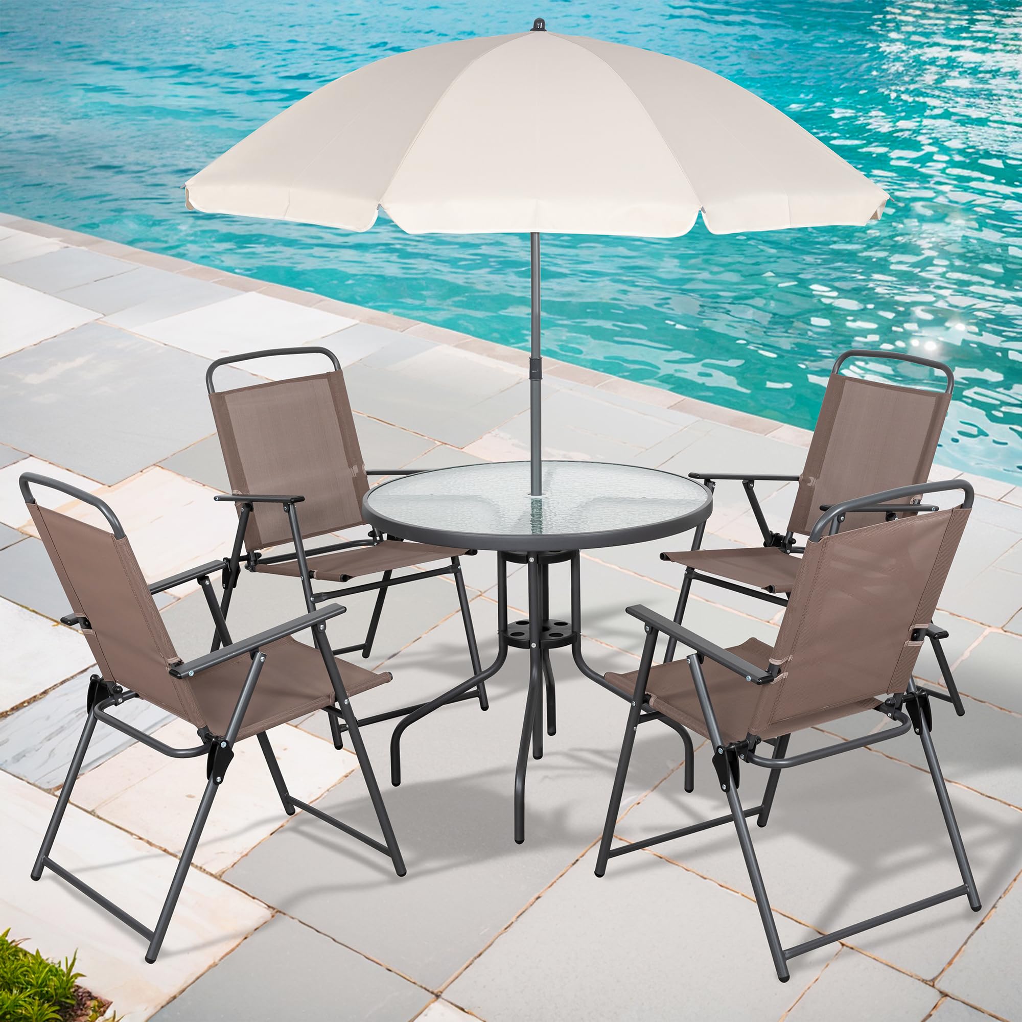 Photo 1 of Shintenchi 6 Piece Patio Dining Set with Umbrella, Outdoor Furniture Set with 4 Folding Chairs and Tempered Glass Top Dining Table fot Lawn Backyard Garden Porch Brown and Beige