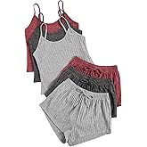 SEGT Women's 3 Sets Ribbed Pajamas Crop Tank Top and Shorts Lounge Sets Sleeveless Loungewear Sleepwear