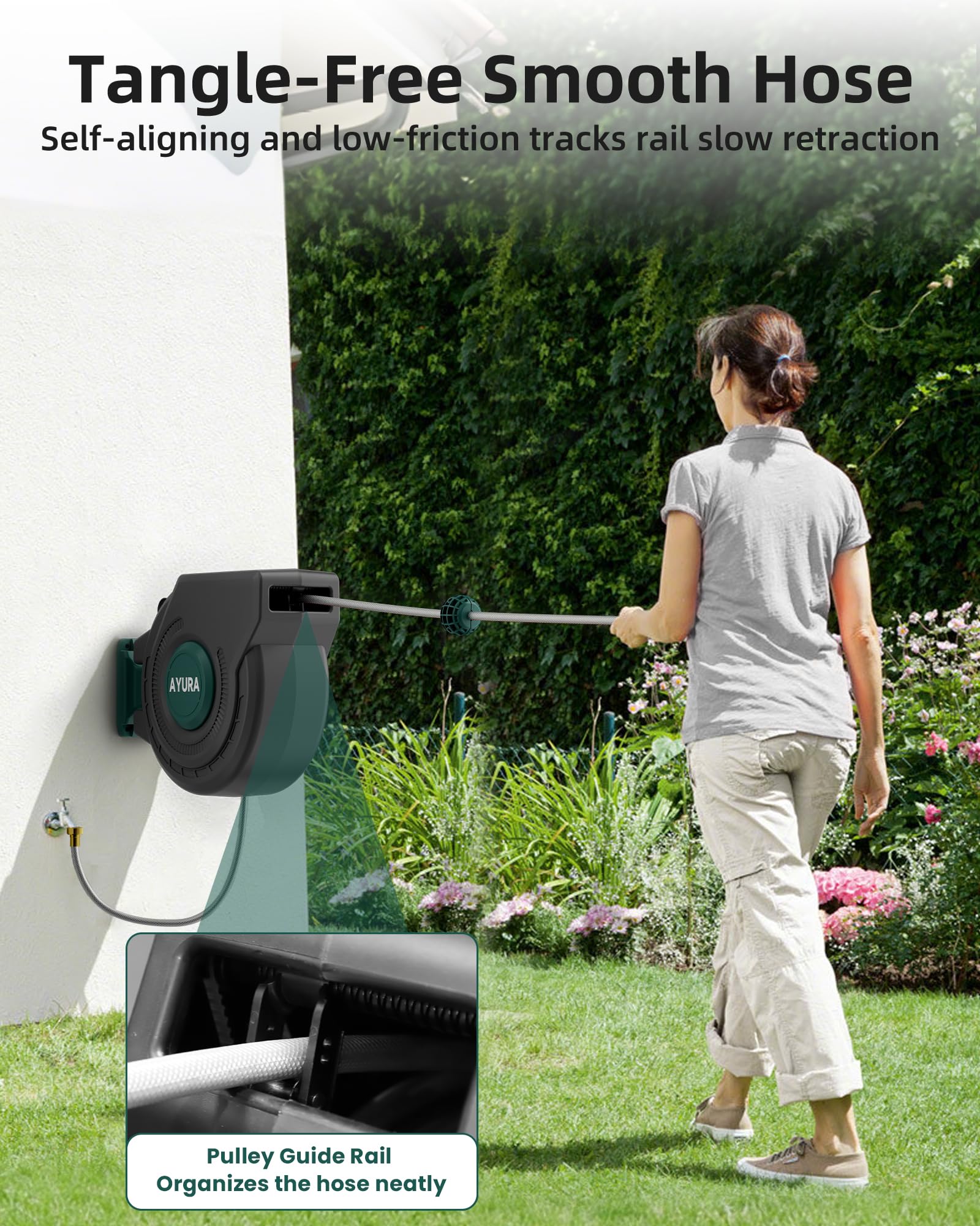 AYURA Retractable Garden Hose Reel 100 ft x 1/2 inch with Pro Metal Shaft, Heavy Duty Automatic Garden Hose Reels with Kink-Free Rewind and Lock at Any Length, Wall Mount Water Hose Reel for Outside