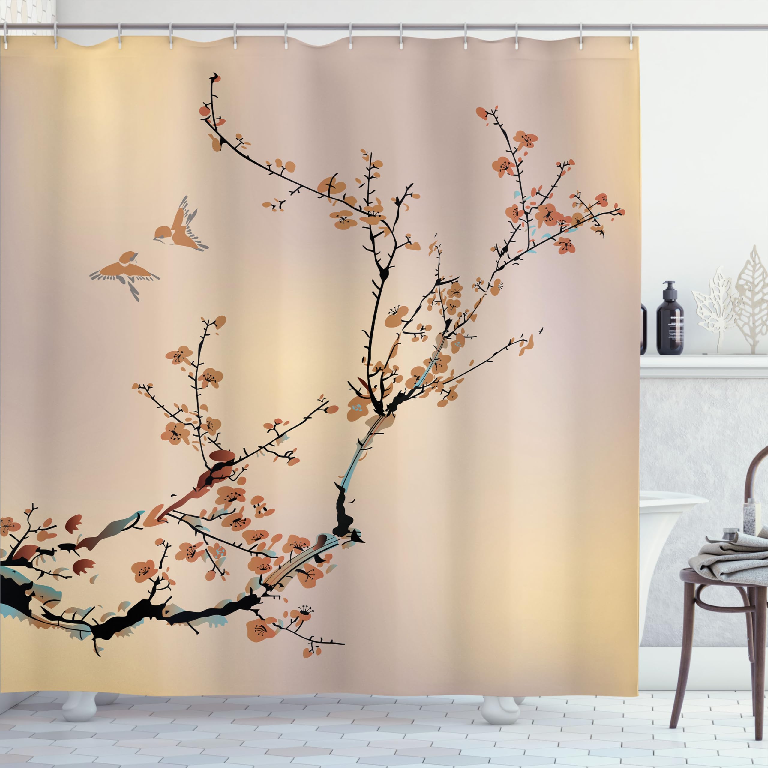 ABAKUHAUS Nature Shower Curtain, Flowers Buds and Birds with Cherry Branches Style Art Painting Effect, Cloth Fabric Bathroom Decor Set with Hooks, 175 x 200 cm, Sand Brown