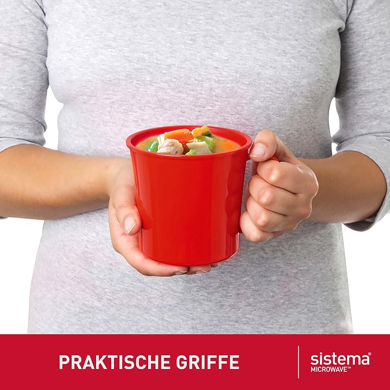 Microwave Suppentasse, mittelgroß | mikrowellenfeste Frischhaltedose | 656 ml | BPA-frei | rot | 3 Stück