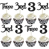24Pcs 3rd Birthday Cupcake Toppers Glitter Third Three Picks for Baby Shower Anniversary Party Cake Decorations Supplies Black
