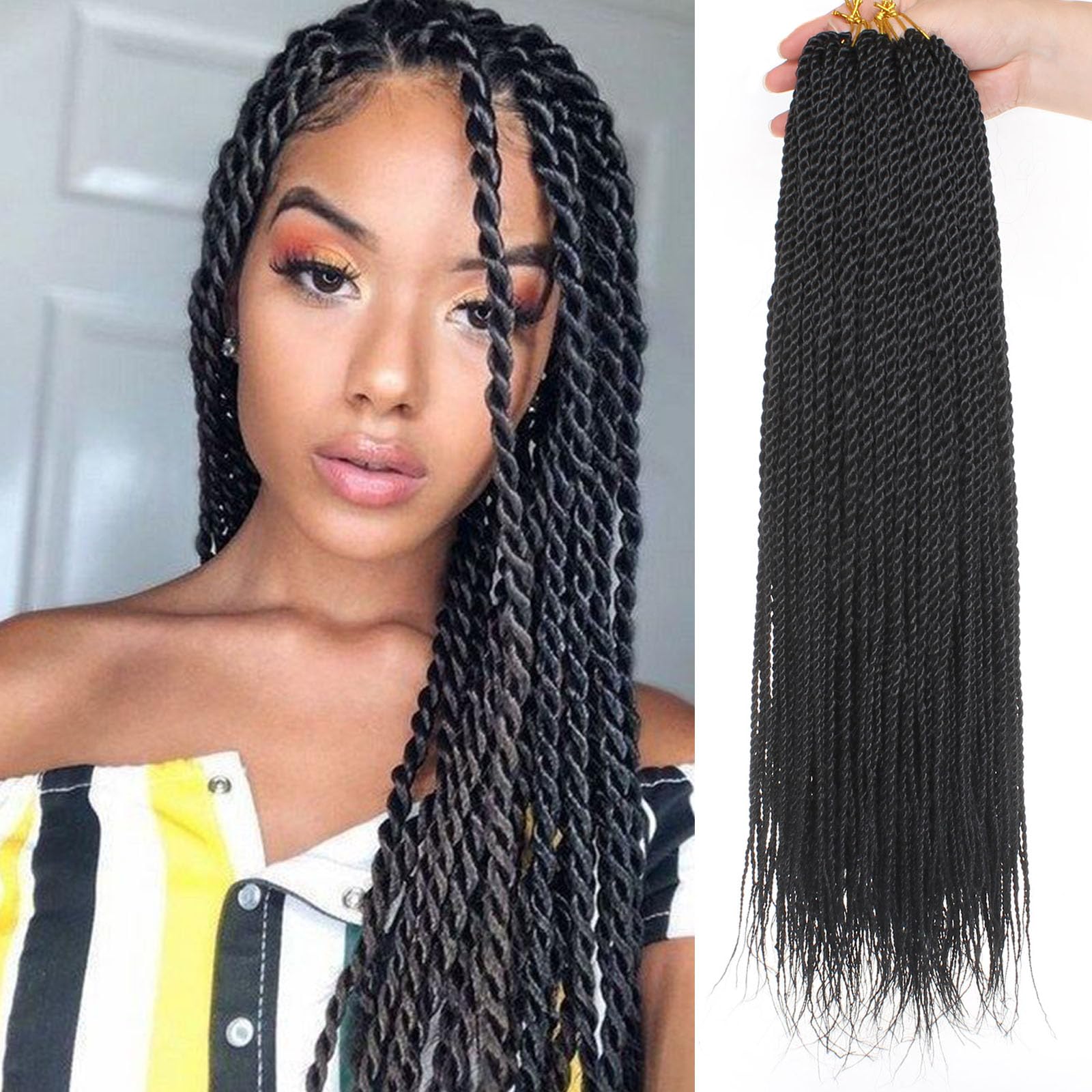 Samtress 14 Inch 8 Paks Senegalese Twist Crochet Hair Black Prelooped Crochet Hair Synthetic for Women Hot Water Setting Crochet Twist Braids Hair 25 strands/pack (#1B) — image 1