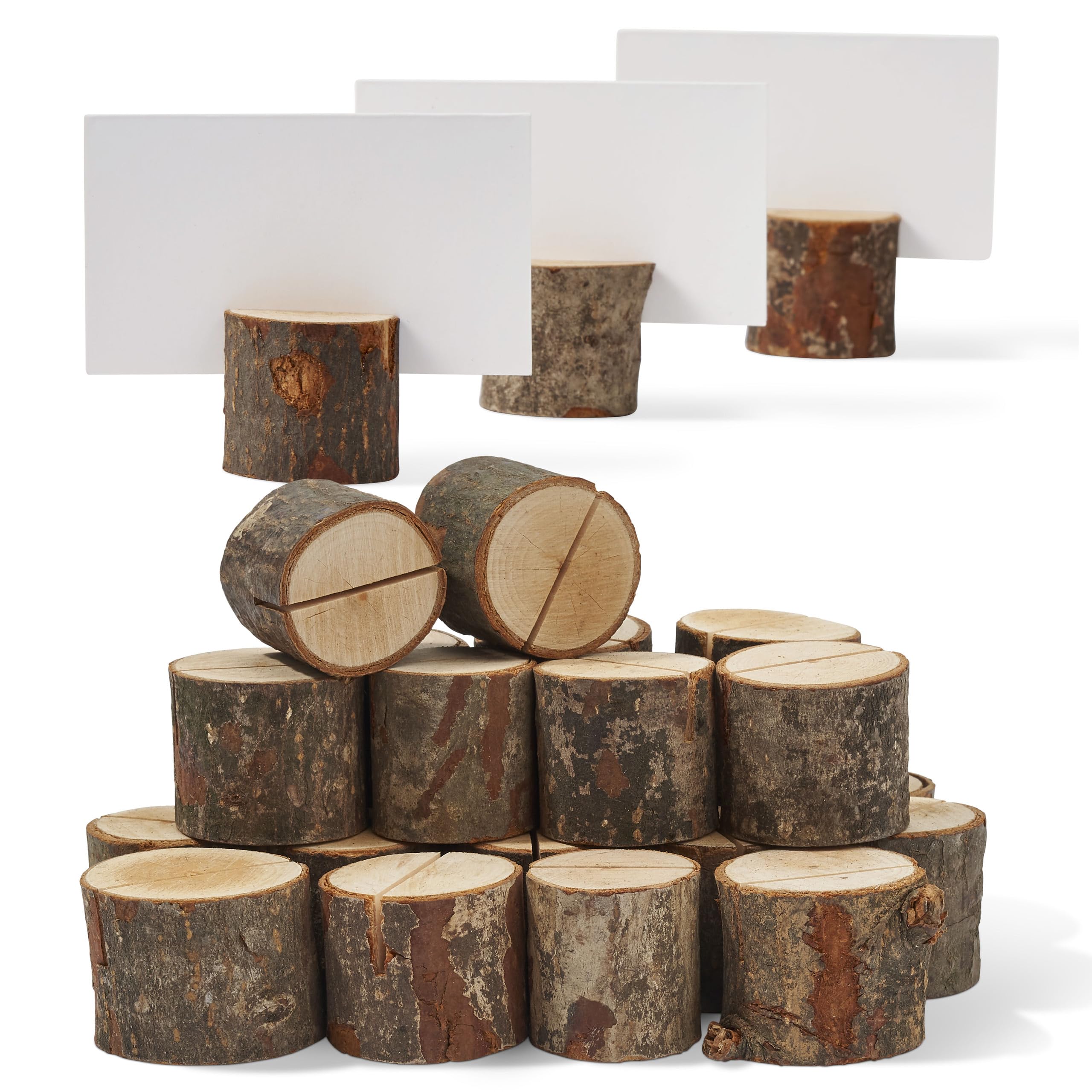 THE TWIDDLERS 100-Piece Rustic Pine Wood Place Card Holders Set - 50 Wooden Stump Stands and 50 Blank White Cards for Wedding and Event Seating