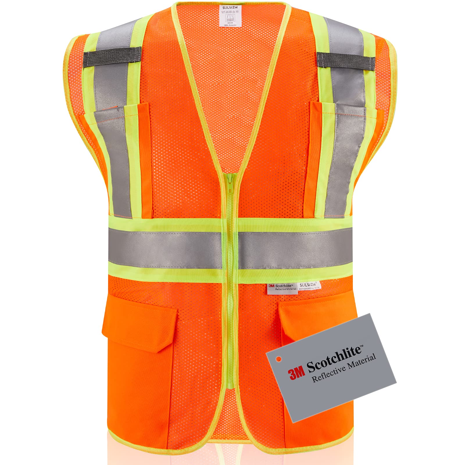 Photo 1 of SULWZM 3M High Visibility Reflective Safety Vest with Zipper and Pockets Orange,M