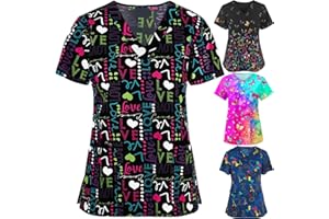 OIOLOYJM Scrubs for Women Animal Print Tops for Women V Neck Cartoon Pattern Short Sleeve Nursing Tops with Pockets