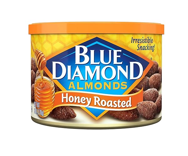BLUE DIAMOND ALMONDS, SWEET HONEY ROASTED CLASSIC FLAVOR, GMO FREE, KOSHER, NO GLUTEN INGREDIENTS OR ARTIFICIAL FLAVORS, GREAT FOR ON-THE-GO, PANTRY STAPLE, DESSERT, HOLIDAYS, LUNCH, CHARCUTERIE, 6 OZ. CAN