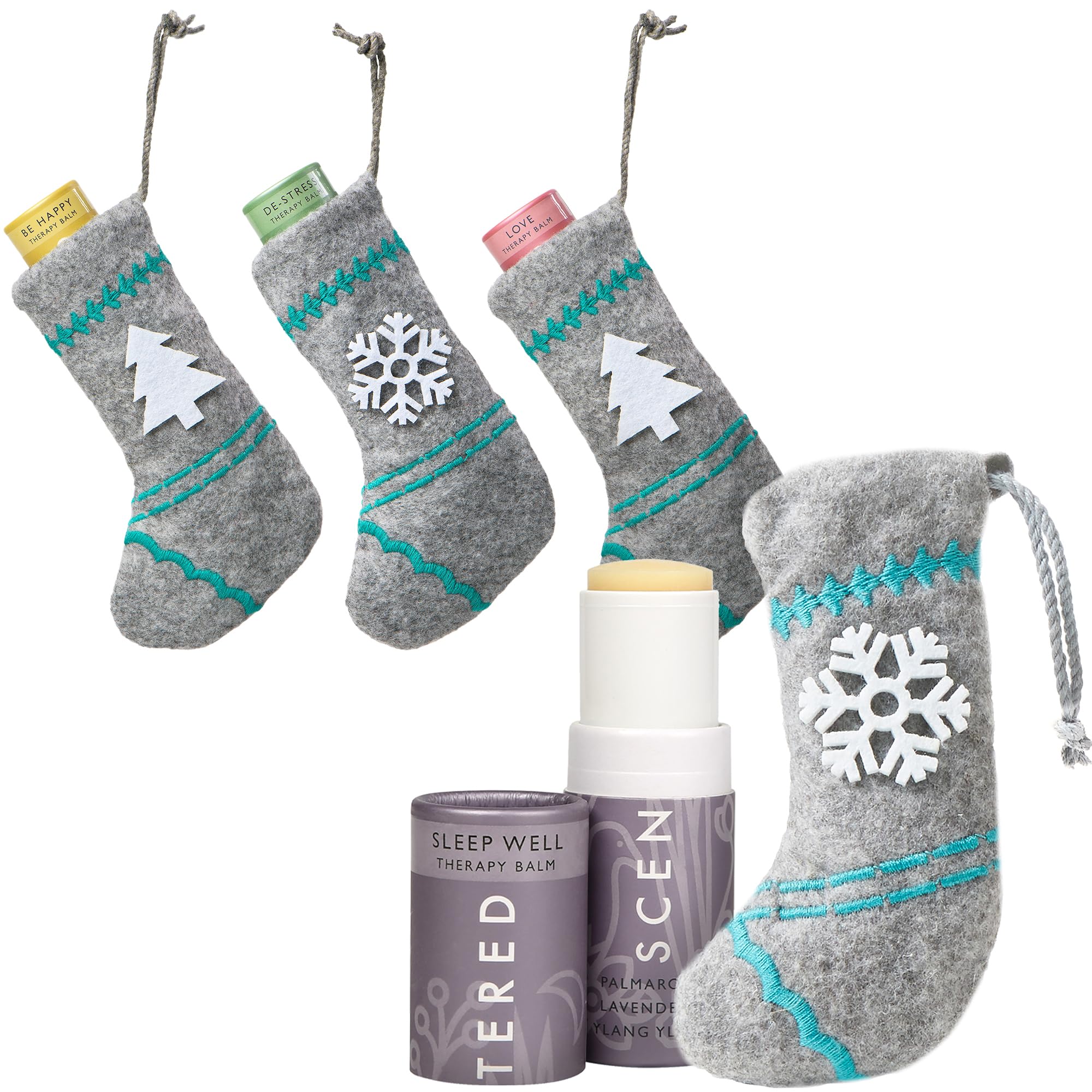 Scentered Aromatherapy Balms & Mini Christmas Stockings Gift Set for Women - 4X Balms & 4X Stockings - Sleep Well, De-Stress, Happy, Love - Christmas Essential Oils: Rosemary, Lavender, Ylang Ylang