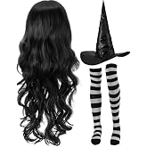 Janinka 3 Pcs Halloween Witch Costume Woman Adult, Witch Hat, Wig, Socks | Halloween Witch Costumes Set Adult, Witch Hat, Striped Thigh High Socks, Long Wavy Hair, Halloween Cosplay Party Accessories