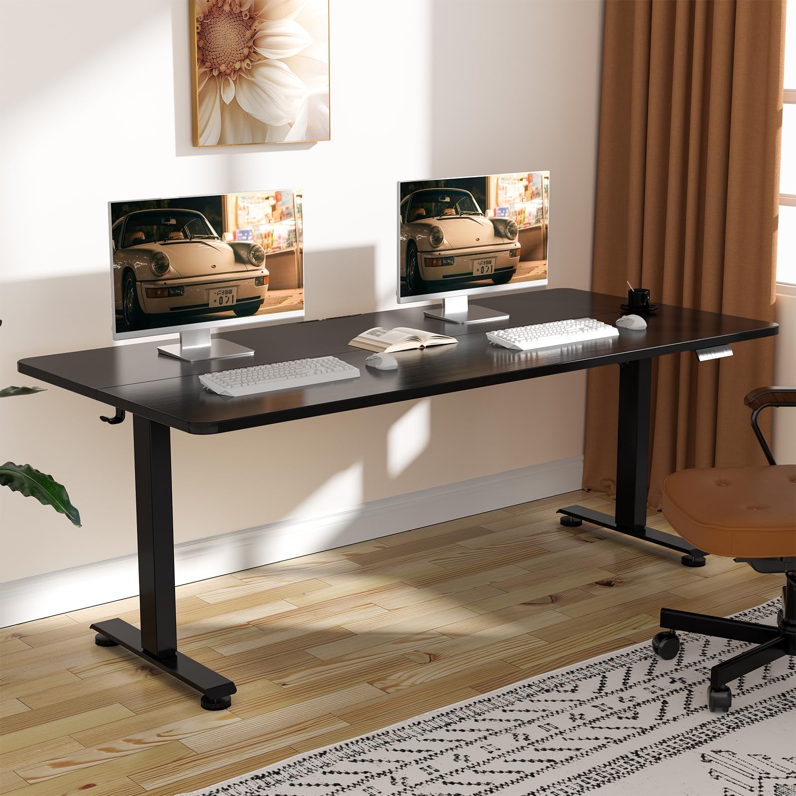 Veken 63 Inch Electric Standing Desk, Adjustable Height Office Desk with Wood Desktop, Computer Table for Home Work, Study and Gaming, Small Spaces, Modern Furniture, Black Image
