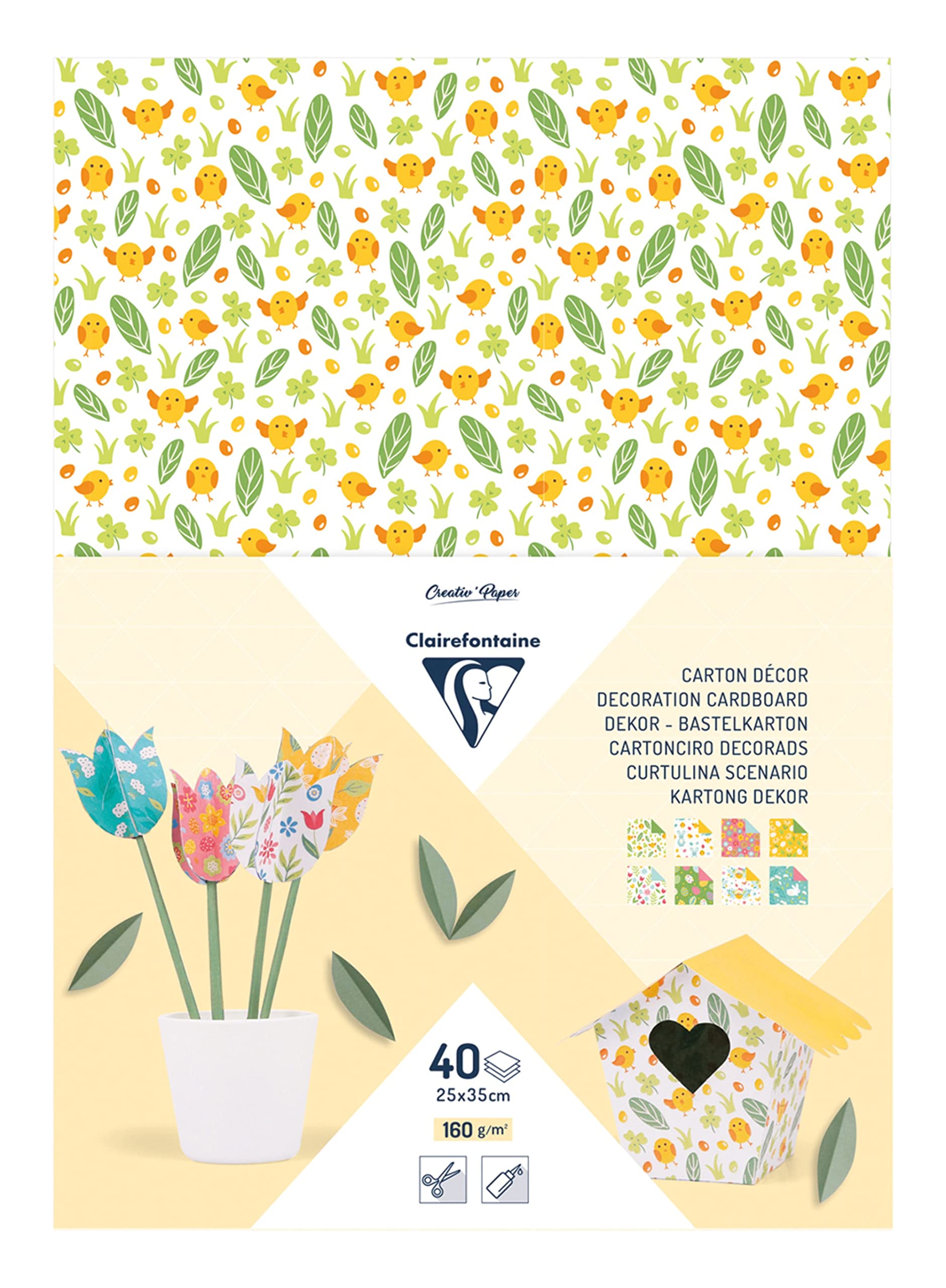 Clairefontaine 354599C - Decoration Cardboard Spring Theme Pack of 40 sheets of cardboard 25x35 cm 160 g, Assorted Colours - DIY Art Crafts Floral Easter