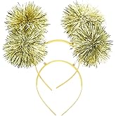 minkissy Pom Pom Headband, 2pcs Tinsel Headbands Cute Boppers Hair Bands Cosplay Party Hair Decoration Tinsel Headdress for Boy Girls, Golden, 19x19cm