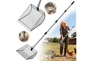 GREAT DACHONG Chicken Poop Scooper for Sand, 2-in-1 Rake & Pooper Scooper with Large Sifting Shovel, Adjustable Stainless Steel Handle (36"-62"), Chicken Coop Litter Scoop & Cleaning Tool for Farm Animals