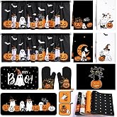 Irenare 16 Pcs Halloween Kitchen Decor Set, Ghost Pumpkin | 4 Kitchen Towels, 4 Placemats, 2 Floor Mats, 2 Gloves, 2 Heat-Resistant Pot Holders, 2 Ghost Curtains