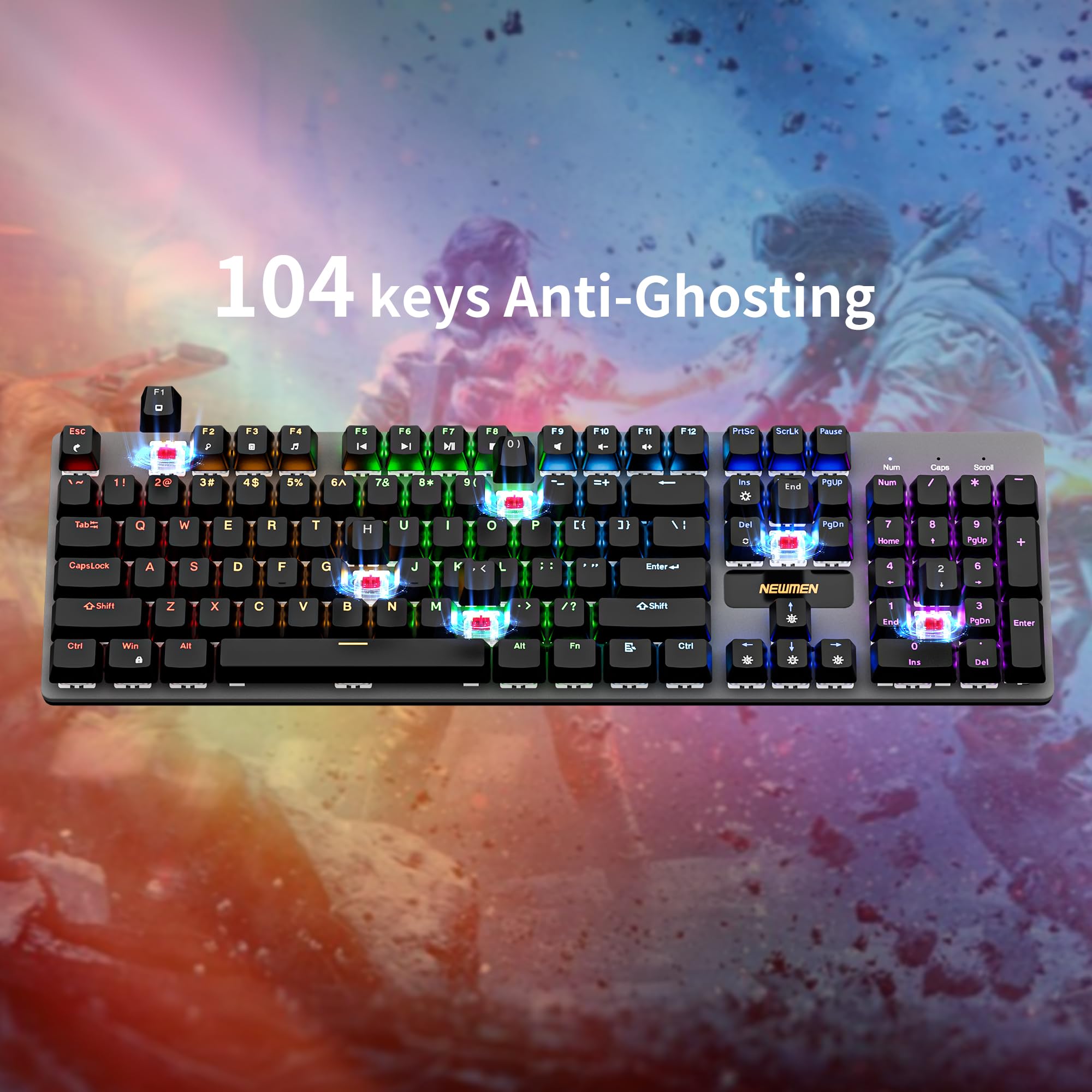 Newmen GM325Pro Mechanical Keyboard,104 Keys Rainbow LED Backlit Wired Gaming Keyboards,Hot-Swap Metal Panel ABS Black Keycaps Gaming Mechanical Keyboard for Windows Laptop PC Linear Red Switches