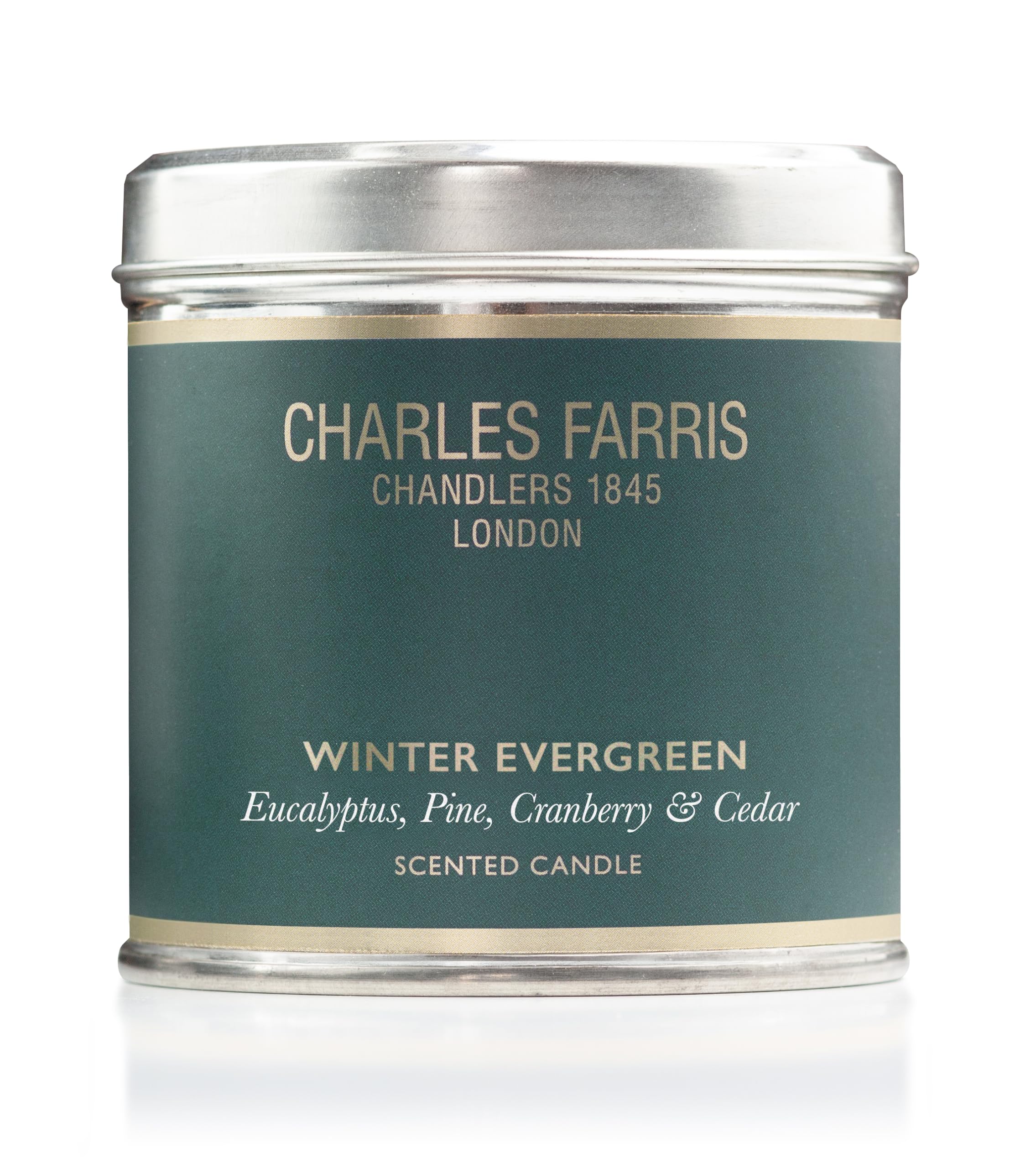 Charles Farris Winter Evergreen Luxury Scented Tin Candle - Eucalyptus, Pine, Cranberry & Cedar - Hand-Poured in England - 40 Hours+ Burn Time