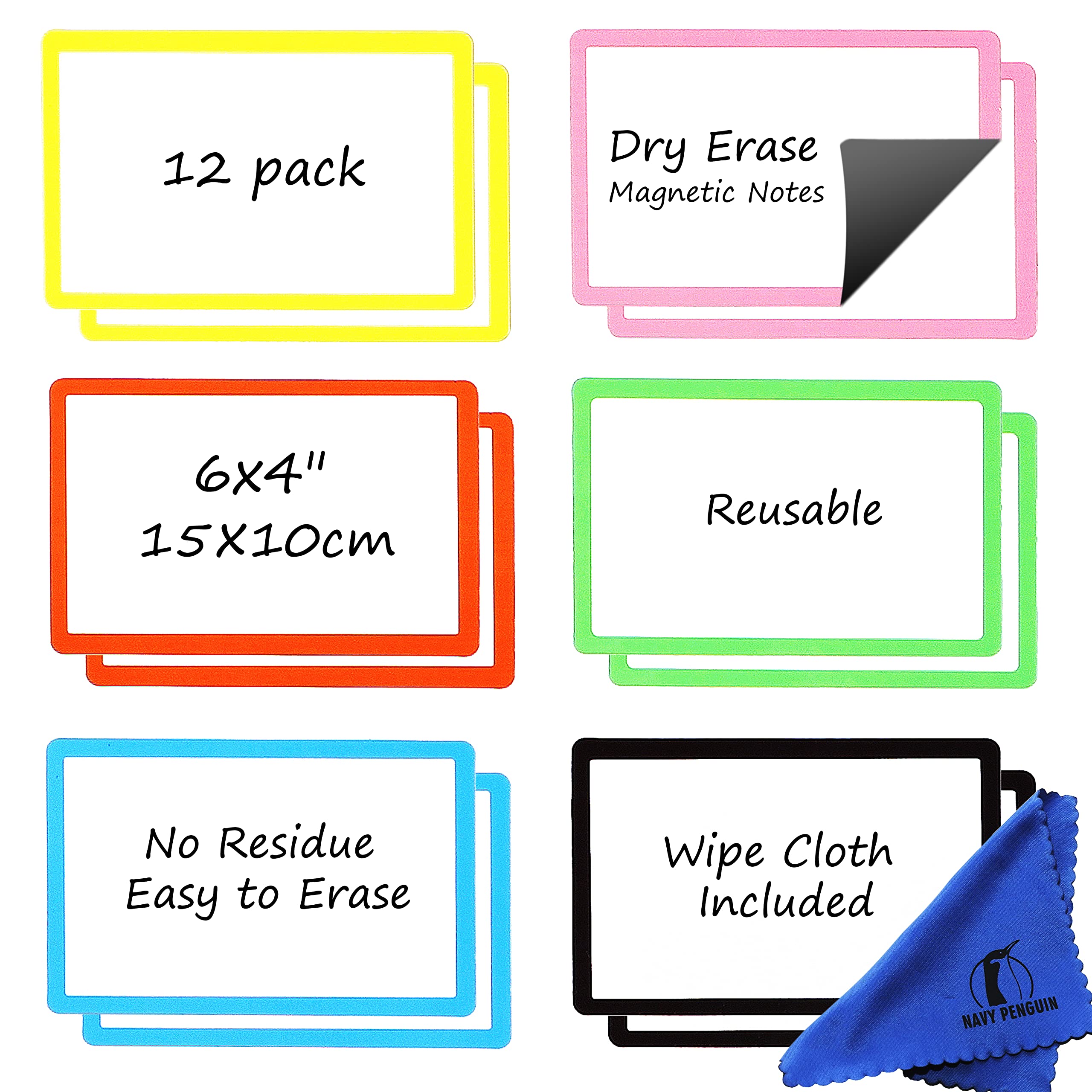 Dry Erase Magnets Set - 12 Pack - 6x4 Whiteboard Magnetic Labels - Small White Board Magnet Strips Name Tags for Home, Office and Classroom