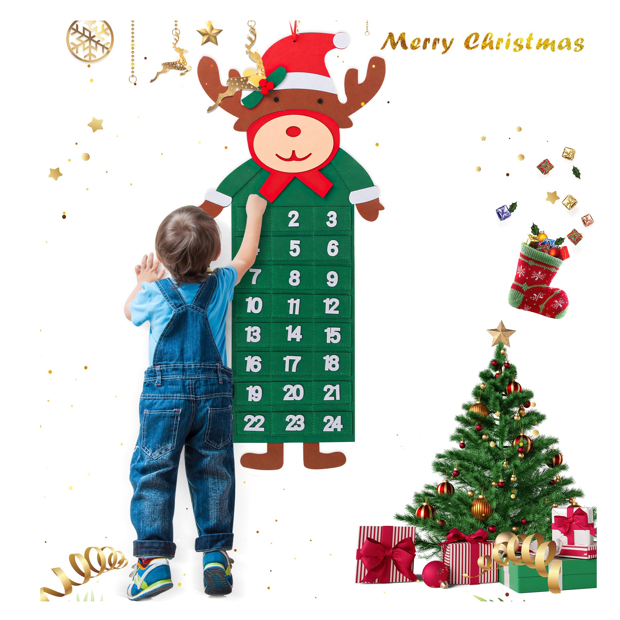 Elk Advent Calendar Felt Advent Calendar, Wall Hanging Fabric Advent Calendar Felt Countdown Calendar With 24 Days Pockets For Small Gifts Xmas Tree Door Mantel