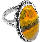 Silver Palace Natural Oval Shape Bumble Bee Jasper Solid 925 Sterling Silver Beaded Split Shank Ring For Women