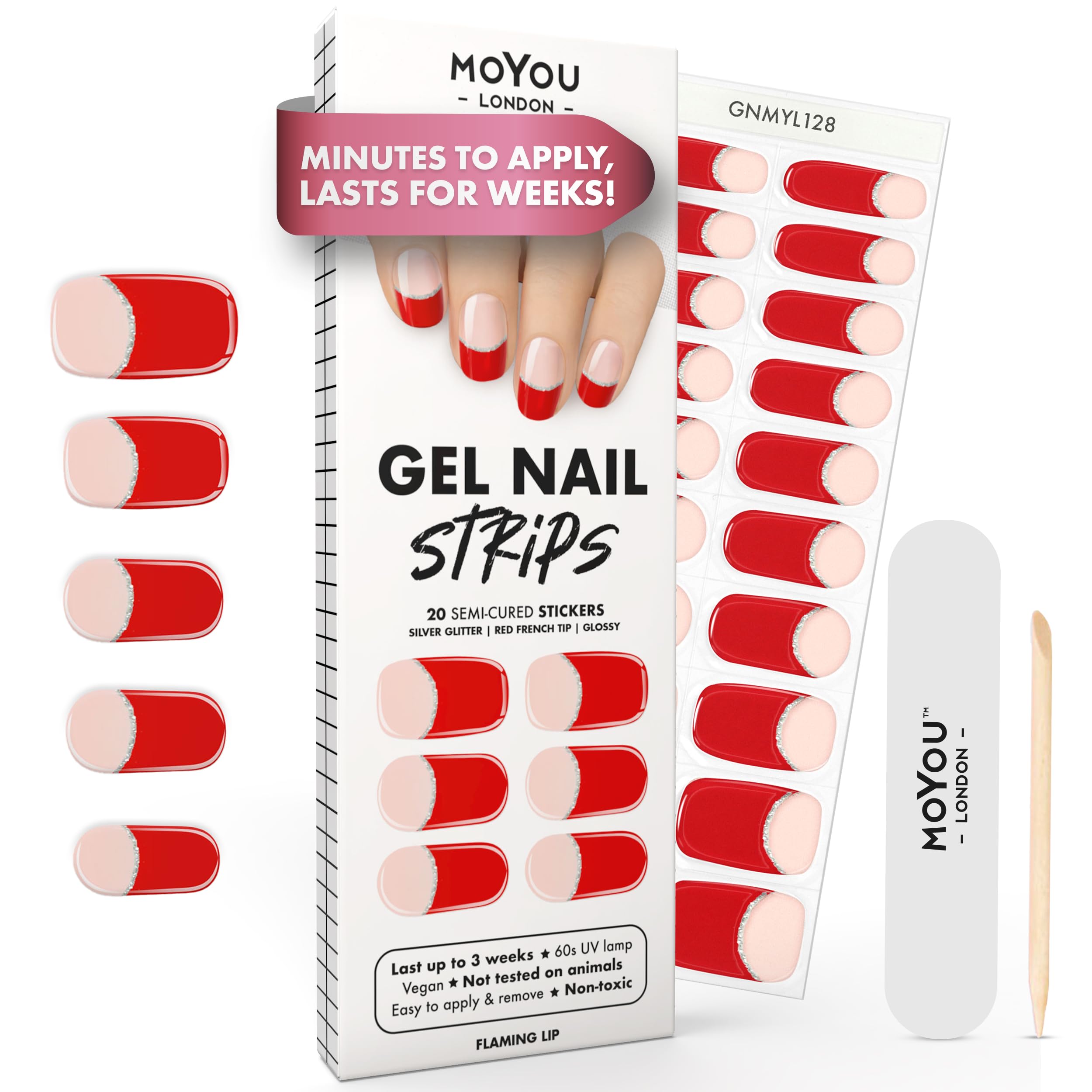 MOYOU LONDON Semi Cured Gel Nail Strips - 20 Pcs. Waterproof Gel Nail Wraps, Cures in Sunlight or UV/LED Lamp, Lasts Up to 2+ Weeks, Stretchable, Easy to Apply & Remove, Vegan & Cruelty-Free