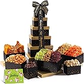 NUT CRAVINGS Gourmet Collection - Happy Birthday Treats, Nuts & Dried Fruits Tower Gift Basket with Bday Ribbon (12 Assortments) Food Arrangement, Healthy Snack Care Package, Food Assortments