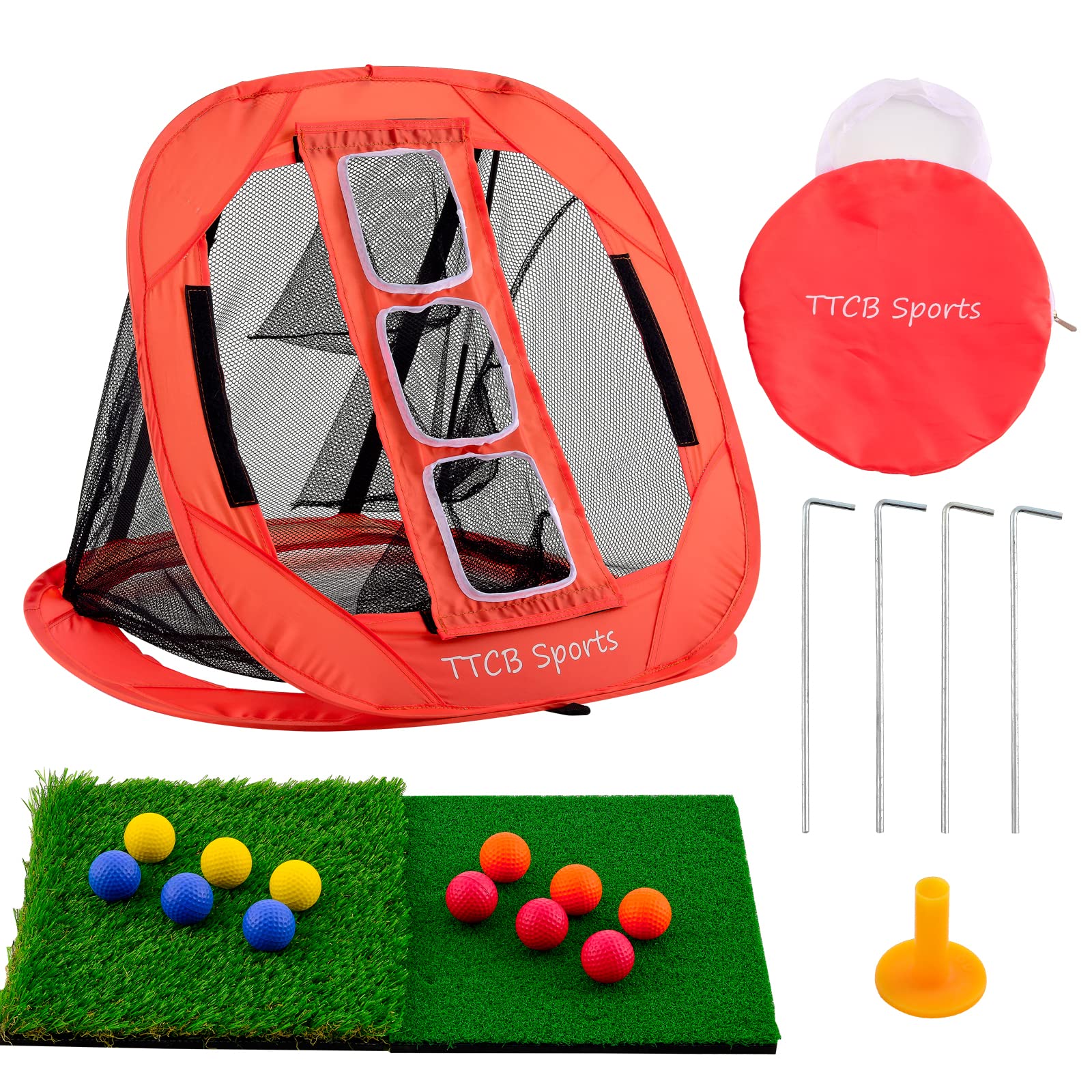 TTCB Sports Golf Chipping Net, Pop Up Simulator Hitting Net with 2 Turf Mat & 12 Foam Balls, Golfer Accessories for Backyard & Driving Range, Great Gifts for Men, Portable Golf Net Indoor/Outdoor