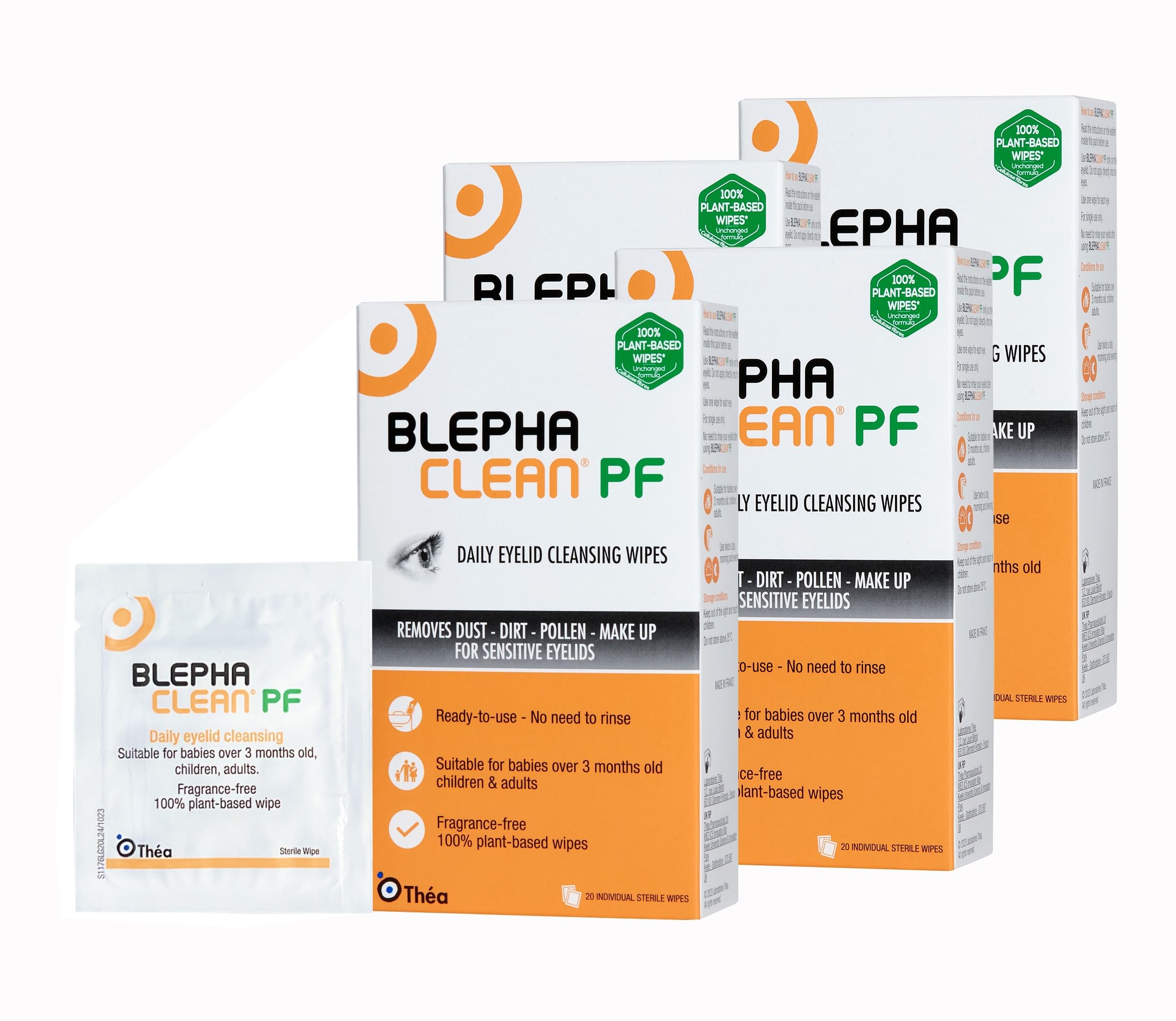 Blephaclean PF Daily Eyelid Wipes x 80 - Gentle Cleansing for the eyelids and skin around the eyes | Suitable for Babies (over 3 months old), children & adults | Sterile Plastic-Free Wipes x 4 packs