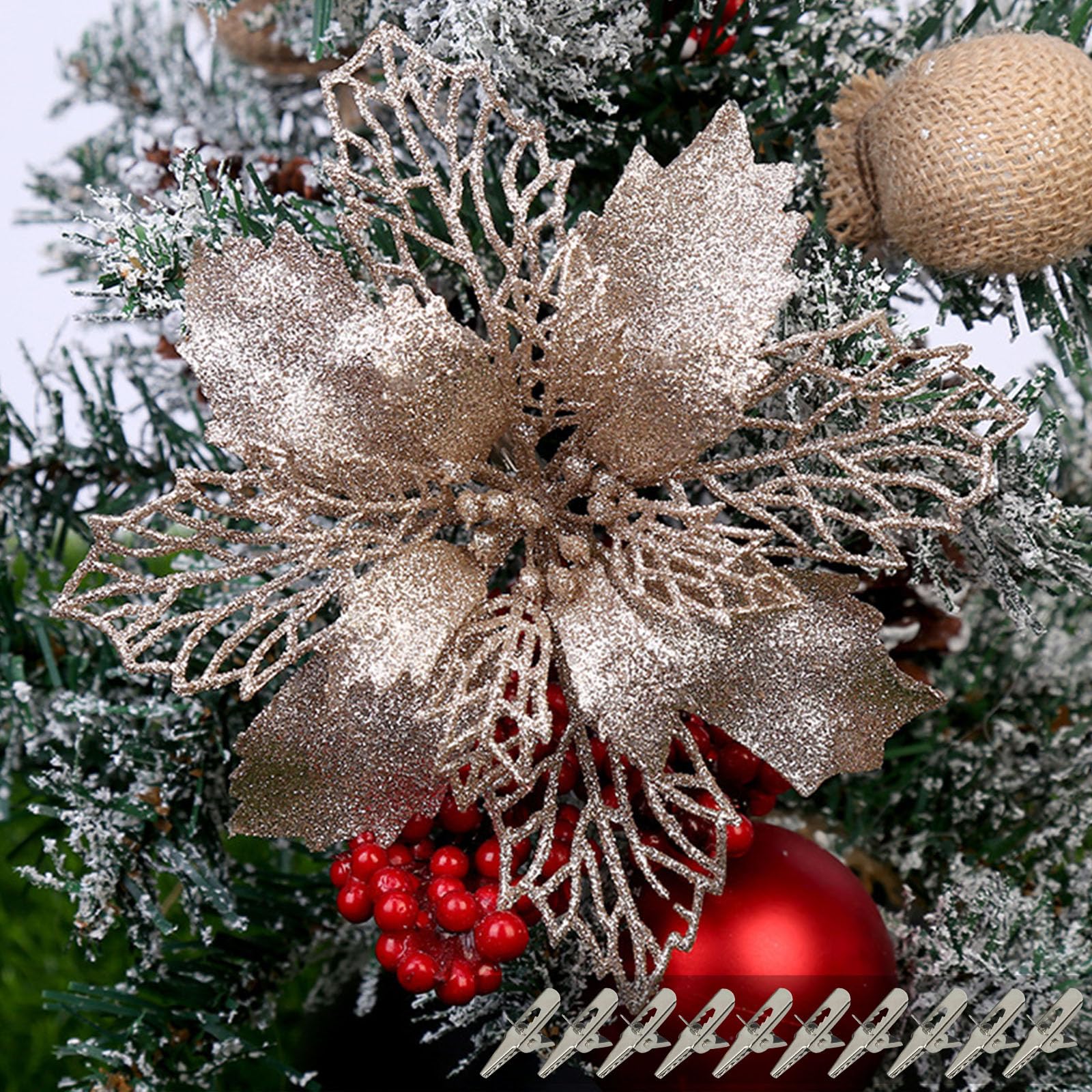 Yueshop 10Pcs Large Glitter Poinsettia 16CM Christmas Flowers Decor Ornament - Artificial Tree Ornaments Decorative (Champagne)