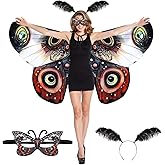 Rngmsi Moth Wings Costume for Women - Black White Double-Sided Printing Fairy Moth Wing Shawl with Black Feather Headband Butterfly Mask Set, Cosplay Costume Halloween Party Dress Up Daily Photo Prop