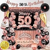 RainMeadow Premium 50th Birthday Decorations for Women 40 pcs - Rose Gold and Black Happy 50th Birthday Banner, Balloons, Tiara, Sash and Party Supplies - Black and Rose Gold Theme