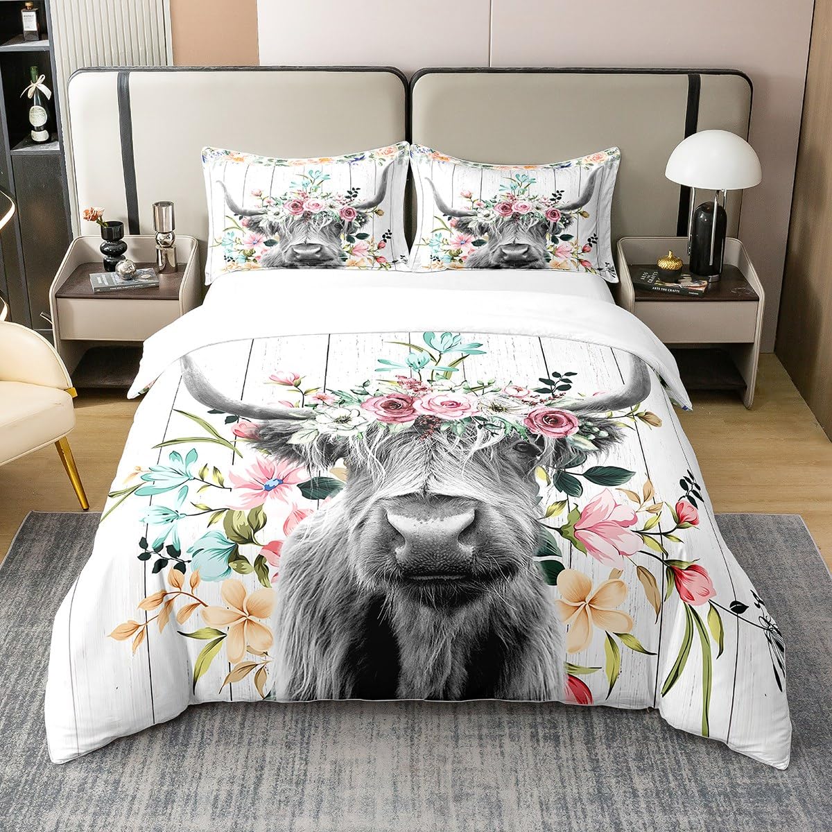 Loussiesd Highland Cow Flower 100% Cotton Duvet Cover Bull Cattle Bedding 100% Cotton Set Decor Western Funny Animal Wildlife Farmhouse Cow White Wooden Quilt Cover Room 3Pcs Double Size Zipper